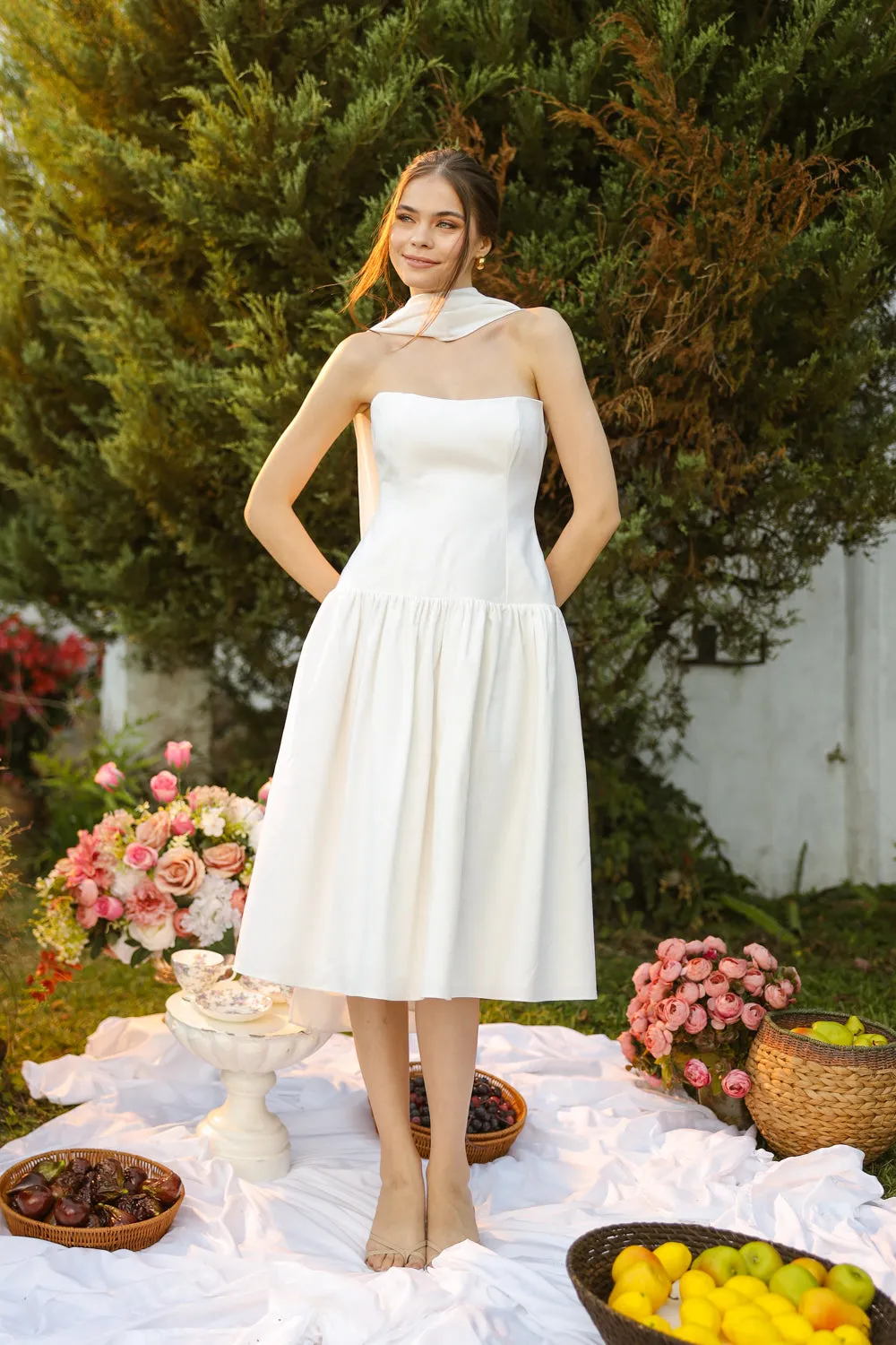 ELODIE Strapless Drop Waist Midi Dress with Sash Neckpiece (White Linen Blend) SAME DAY DELIVERY - SMALL