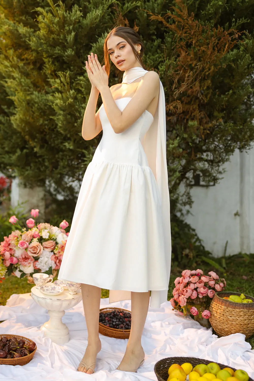 ELODIE Strapless Drop Waist Midi Dress with Sash Neckpiece (White Linen Blend) SAME DAY DELIVERY - SMALL