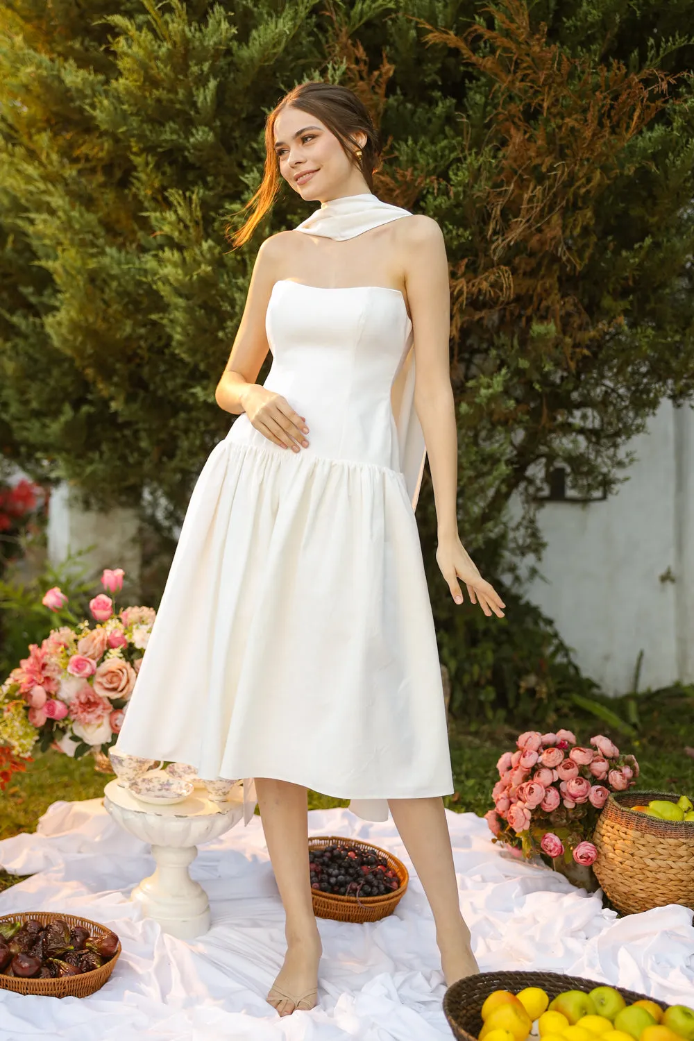 ELODIE Strapless Drop Waist Midi Dress with Sash Neckpiece (White Linen Blend) SAME DAY DELIVERY - SMALL