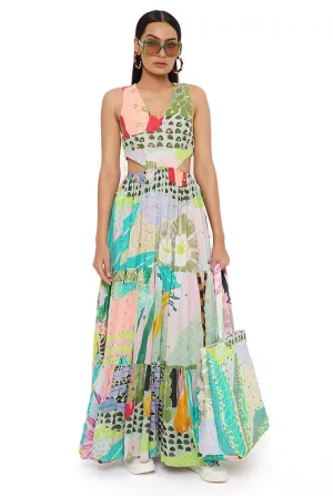 EMMA TROPICAL PRINT GEORGETTE EMBROIDERED CUT OUT DRESS