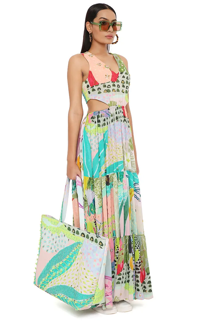 EMMA TROPICAL PRINT GEORGETTE EMBROIDERED CUT OUT DRESS