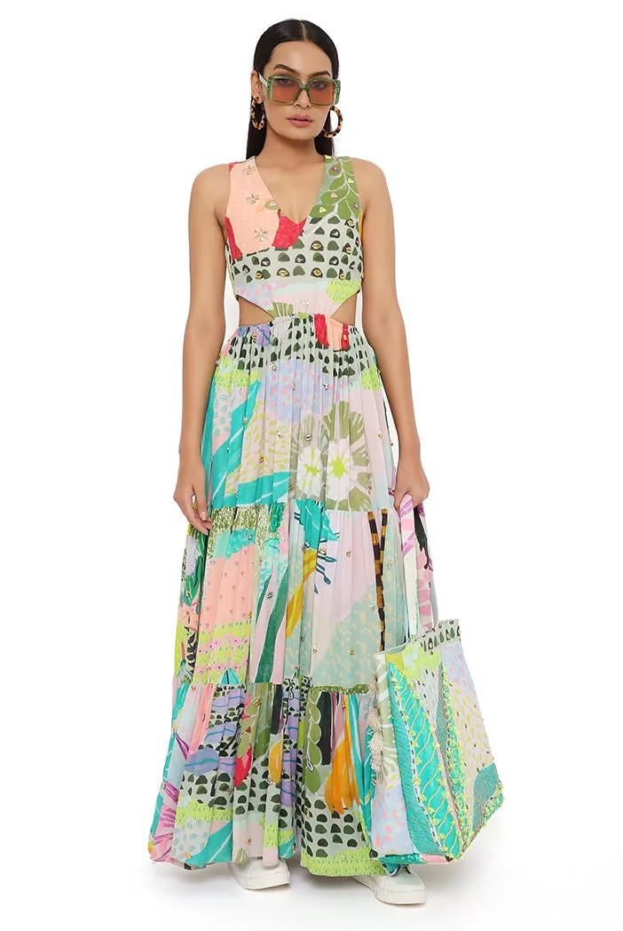 EMMA TROPICAL PRINT GEORGETTE EMBROIDERED CUT OUT DRESS