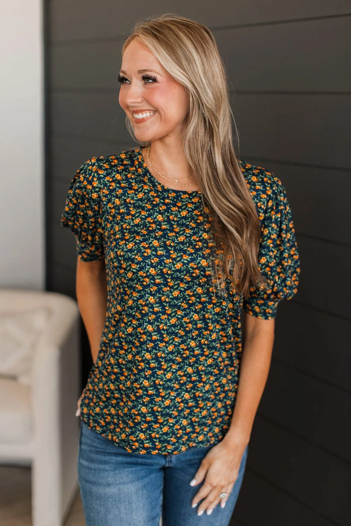 Feel You Close Floral Puff Sleeve Top- Navy