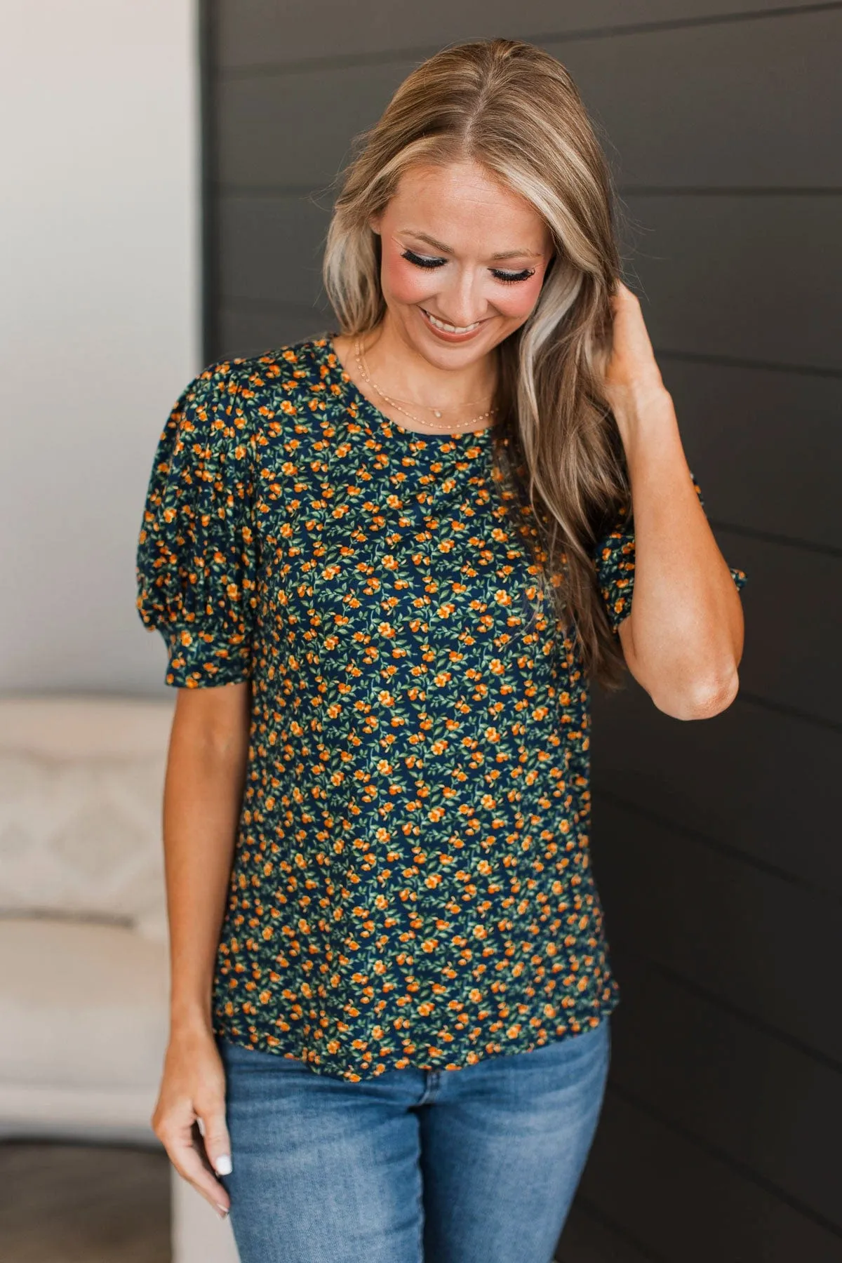 Feel You Close Floral Puff Sleeve Top- Navy