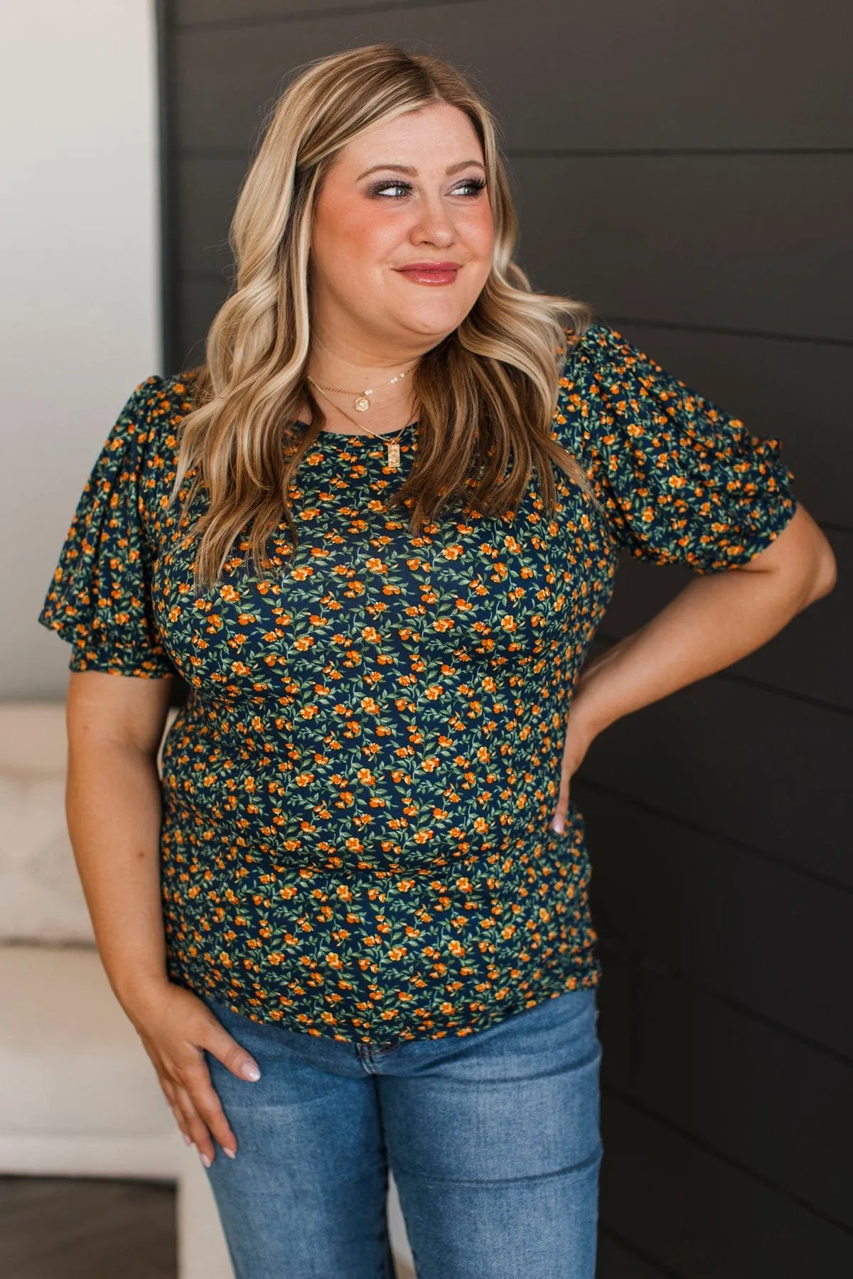 Feel You Close Floral Puff Sleeve Top- Navy