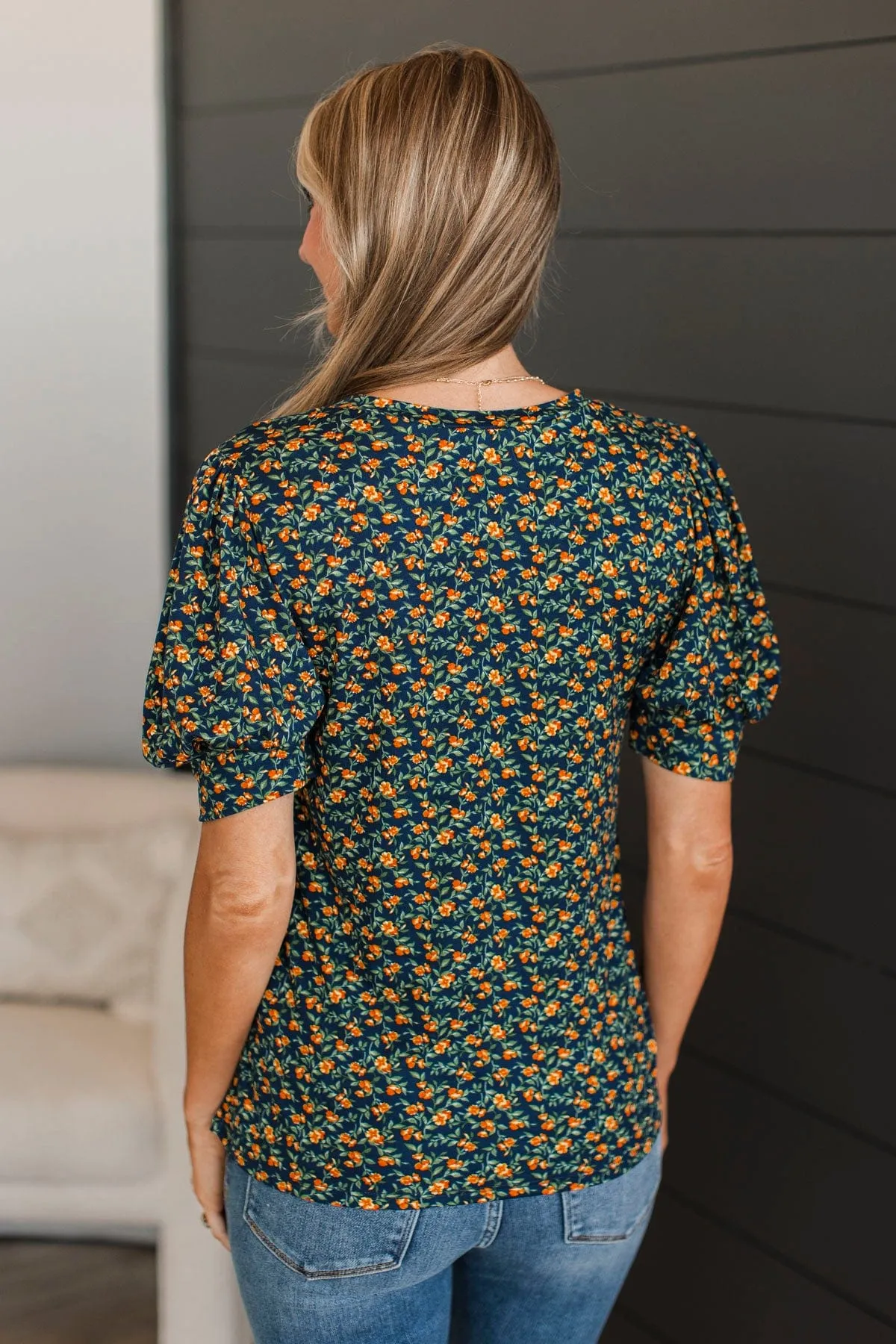 Feel You Close Floral Puff Sleeve Top- Navy