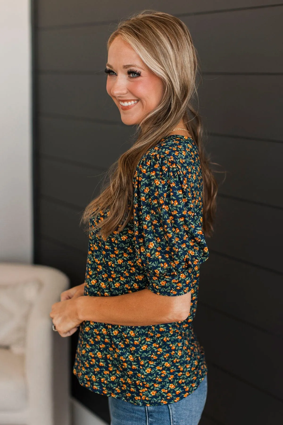 Feel You Close Floral Puff Sleeve Top- Navy