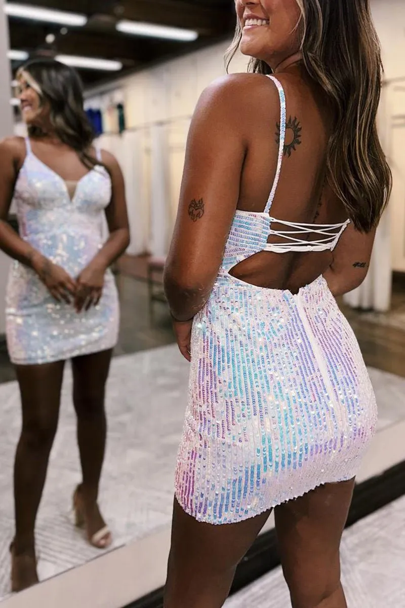 Fitted V-Neck Spaghetti Straps Sequined Homecoming Dresses