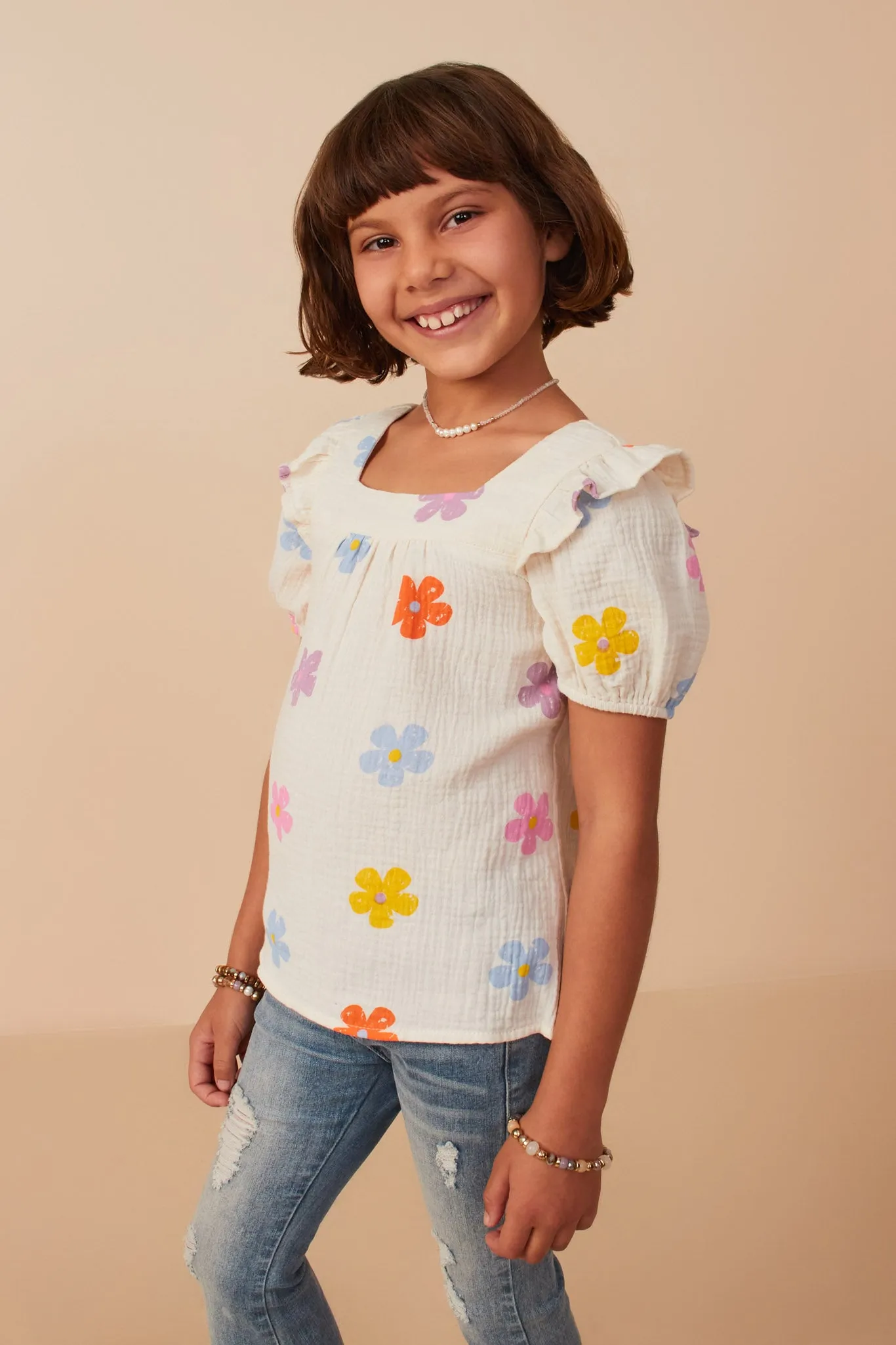 Floral Gauze Textured Square Neck Top