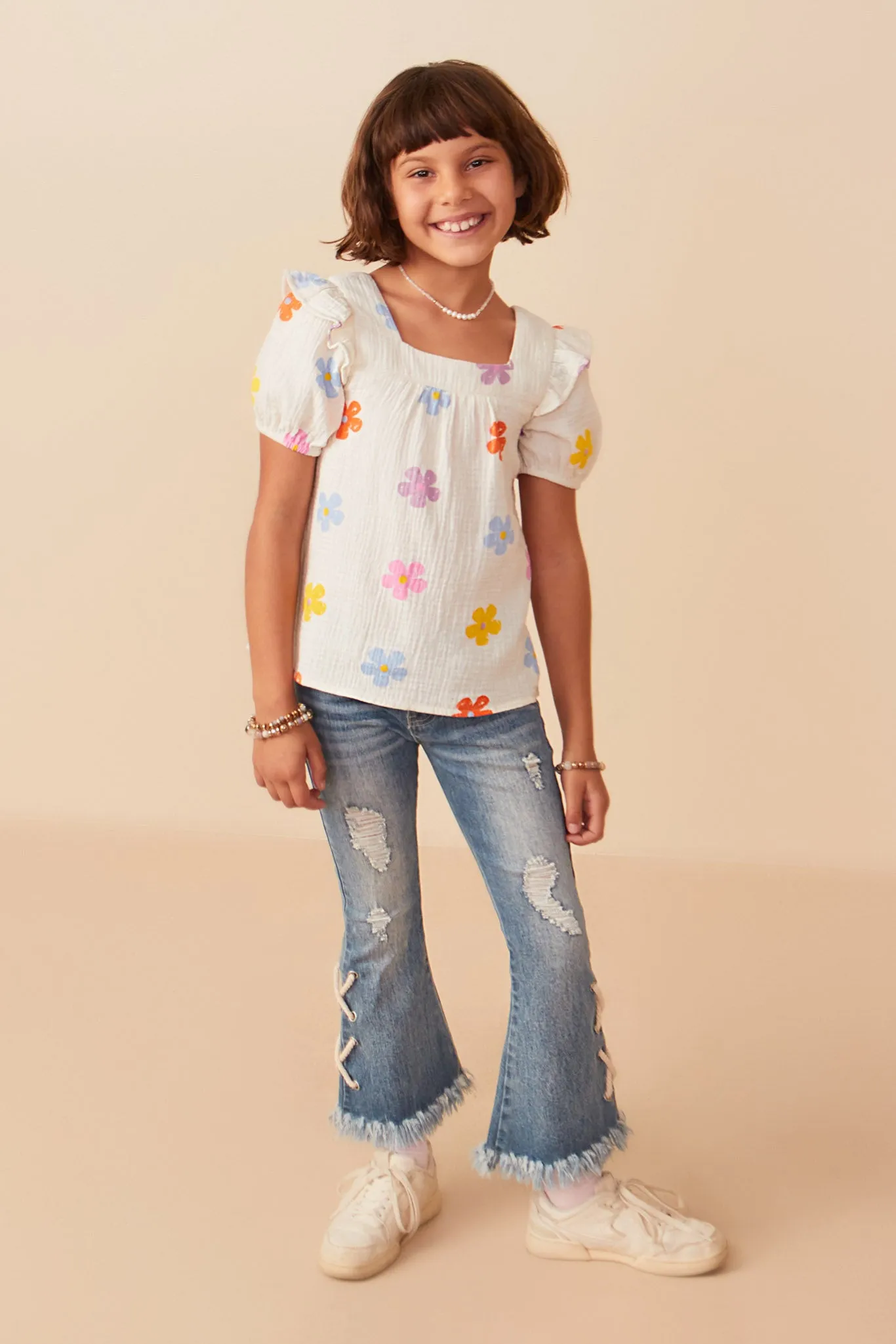 Floral Gauze Textured Square Neck Top