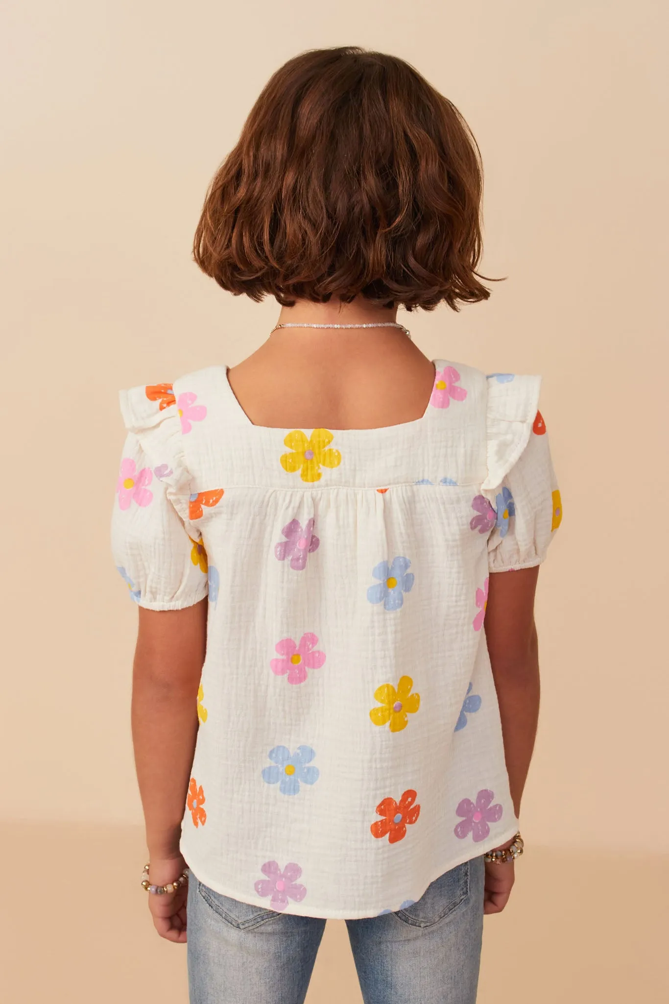 Floral Gauze Textured Square Neck Top