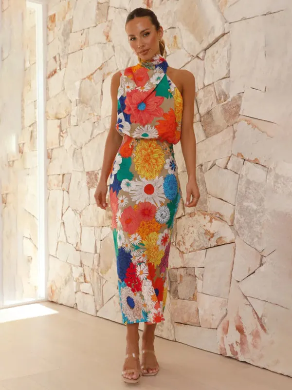 Floral Print Halter Neck Midi Dress with Fitted Waist