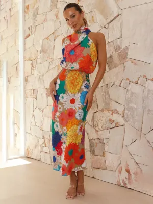 Floral Print Halter Neck Midi Dress with Fitted Waist