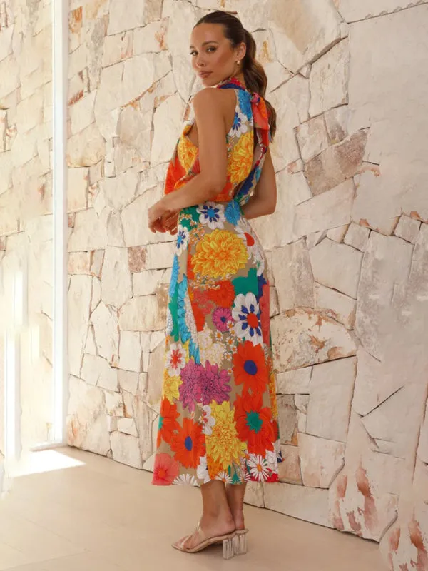 Floral Print Halter Neck Midi Dress with Fitted Waist