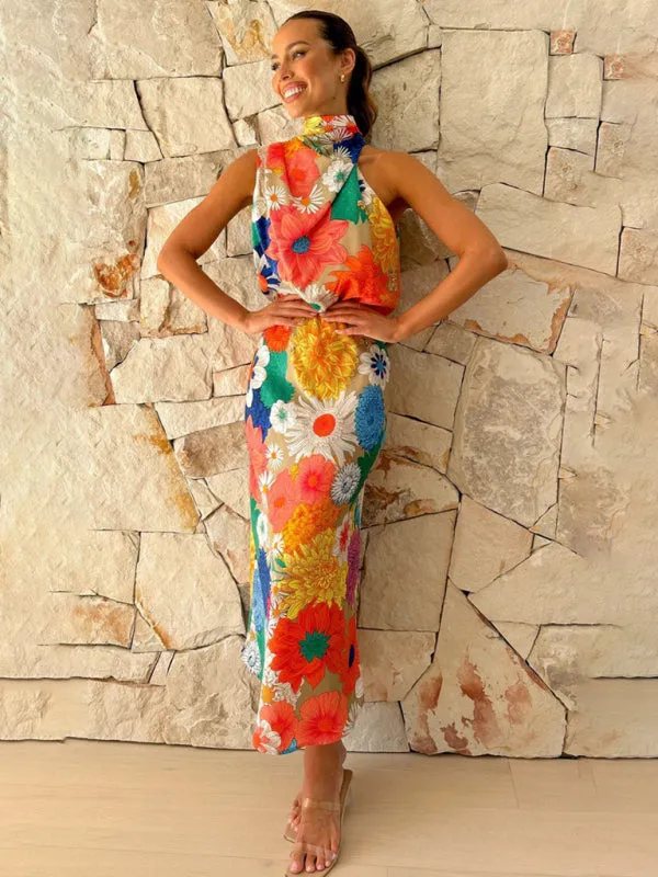Floral Print Halter Neck Midi Dress with Fitted Waist