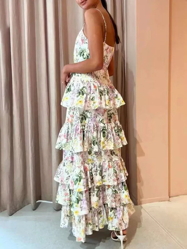 Floral Print Maxi Dress with Ruffled Tiers and Spaghetti Straps