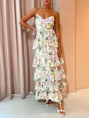 Floral Print Maxi Dress with Ruffled Tiers and Spaghetti Straps