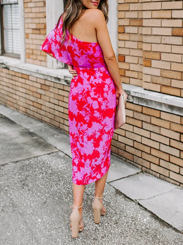Floral Print Off-Shoulder Midi Dress with Wrap-Style Skirt