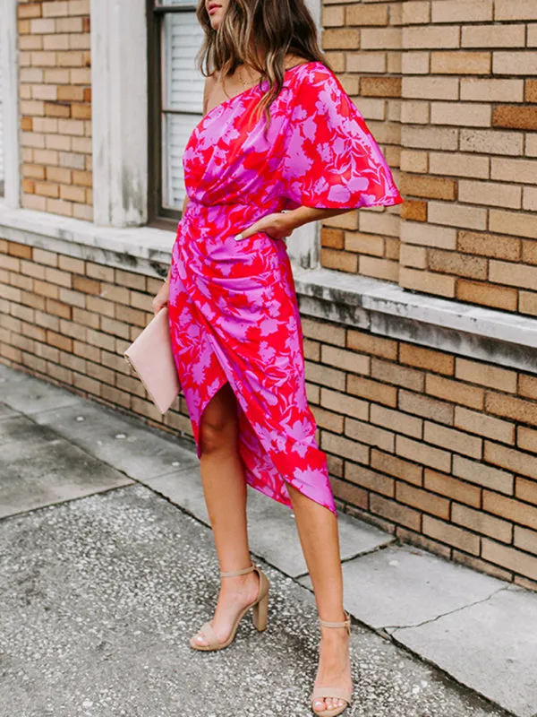 Floral Print Off-Shoulder Midi Dress with Wrap-Style Skirt