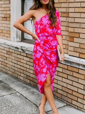 Floral Print Off-Shoulder Midi Dress with Wrap-Style Skirt