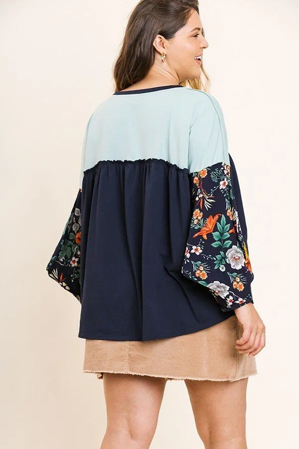 Floral Print Puff Sleeve Round Neck Heathered Top