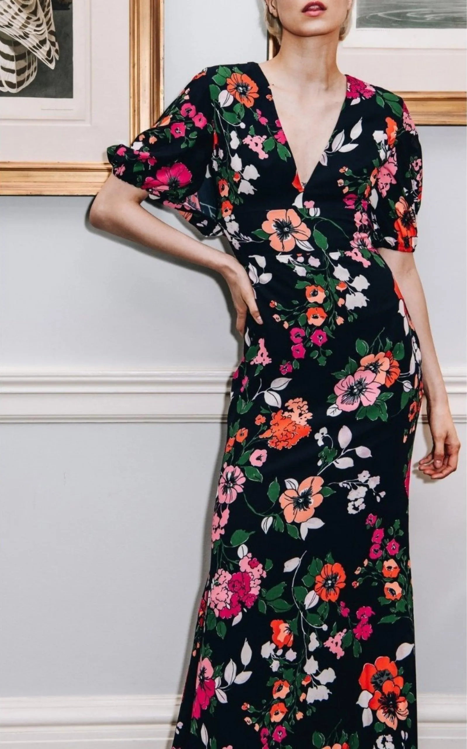 Floral Printed Georgette V-Neck Gown