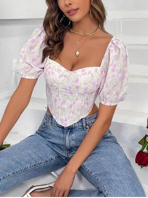 Floral Puff Sleeve Back Zipper Corset Crop Top
