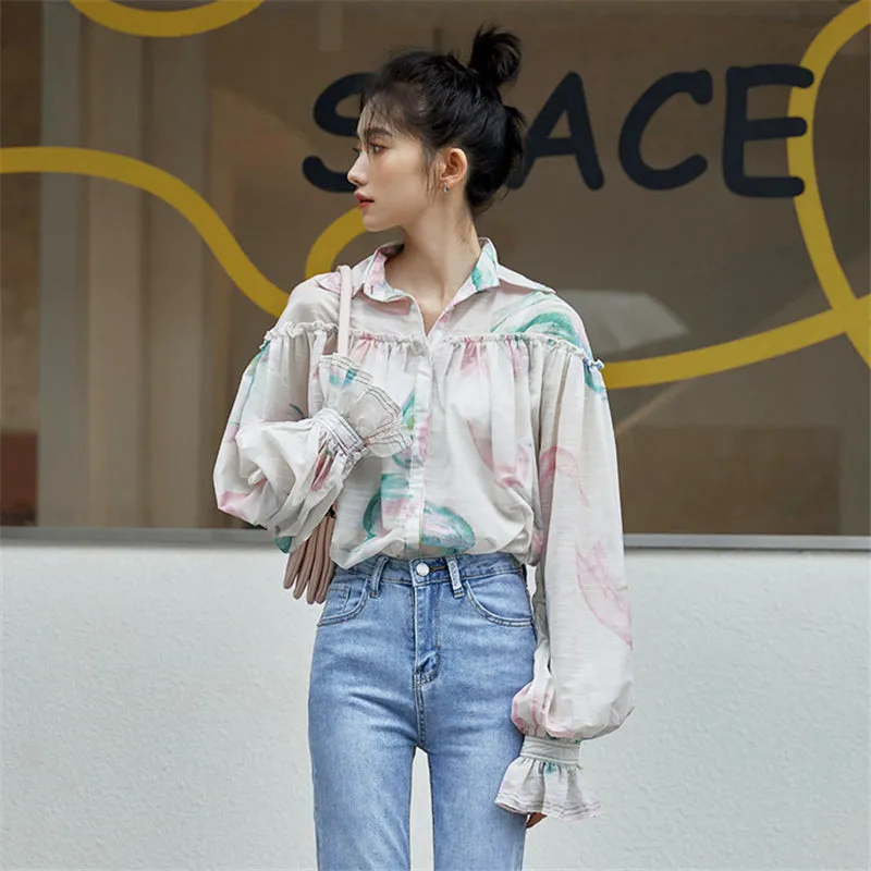FLOWER PRINT PUFF SLEEVE SHIRT UB2664