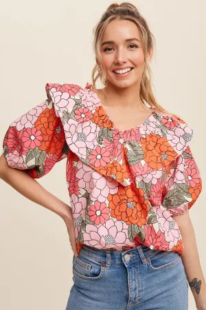Flower Printed Ruffle V-Neck Blouse Top
