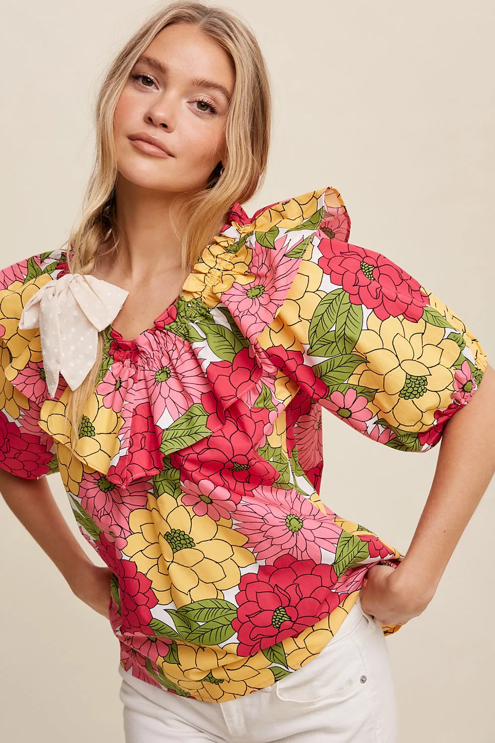 Flower Printed Ruffle V-Neck Blouse Top