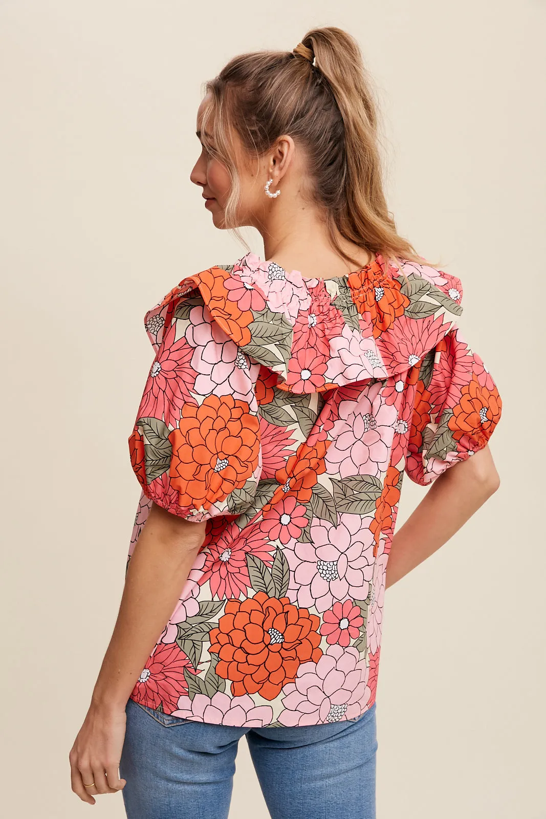 Flower Printed Ruffle V-Neck Blouse Top