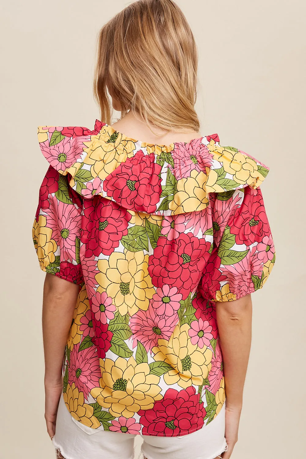 Flower Printed Ruffle V-Neck Blouse Top