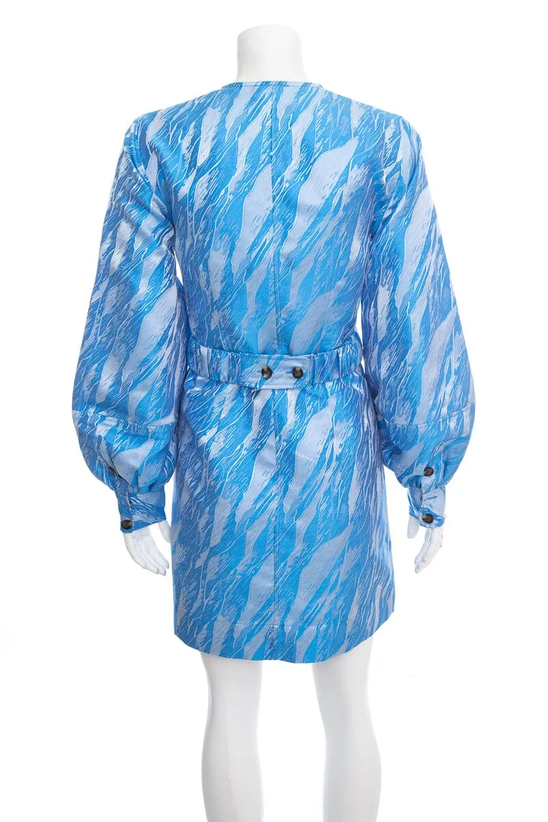 Ganni Blue Printed Long Sleeve Wrap Dress SZ 34