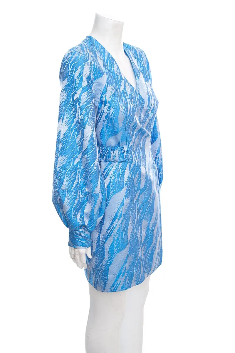 Ganni Blue Printed Long Sleeve Wrap Dress SZ 34