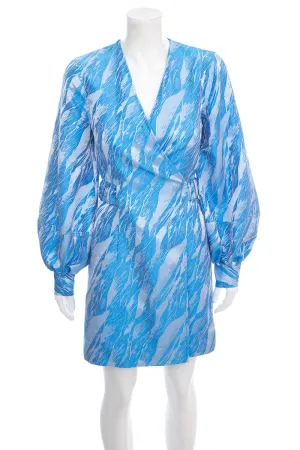 Ganni Blue Printed Long Sleeve Wrap Dress SZ 34