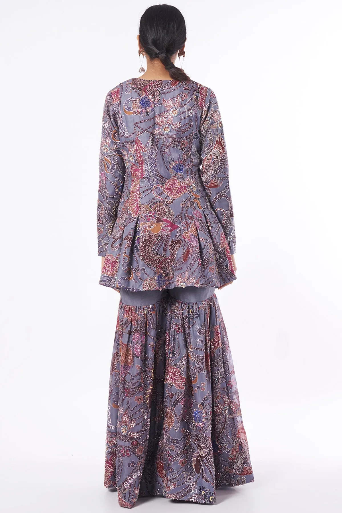 Gery Paper Dolls Organza Printed And Embellished Sharara Set With Cutwork Dupatta