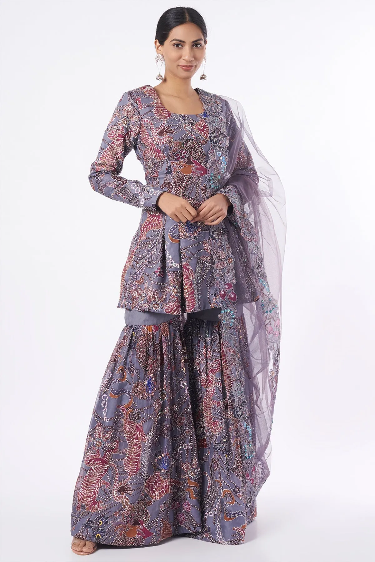 Gery Paper Dolls Organza Printed And Embellished Sharara Set With Cutwork Dupatta