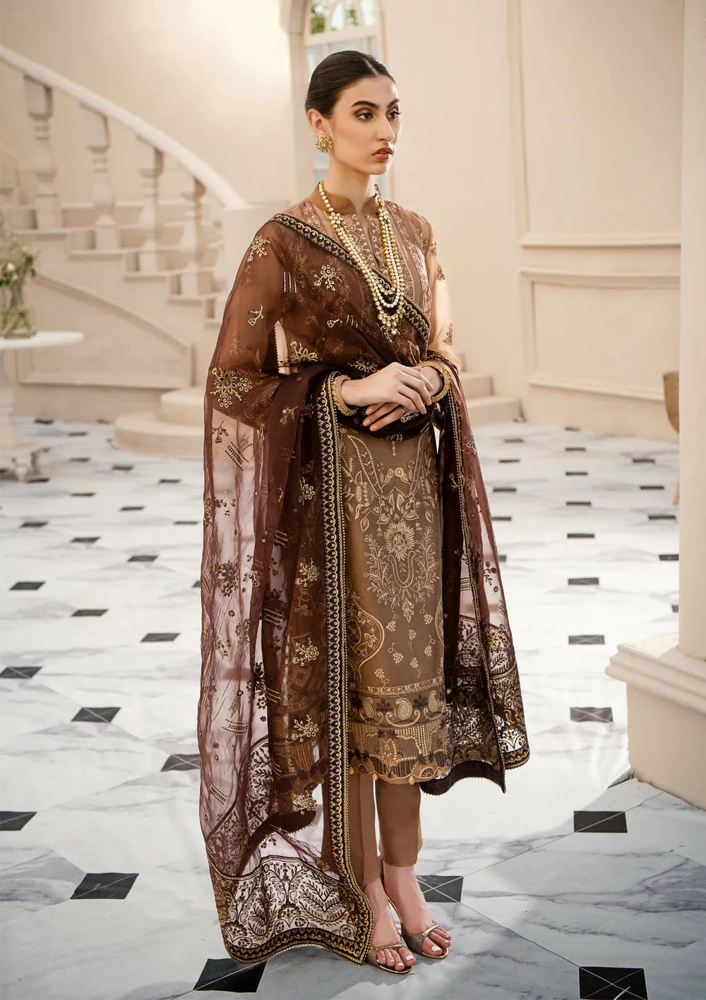 Golden Brown Embroidered Pakistani Capri Style Salwar Kameez Dupatta