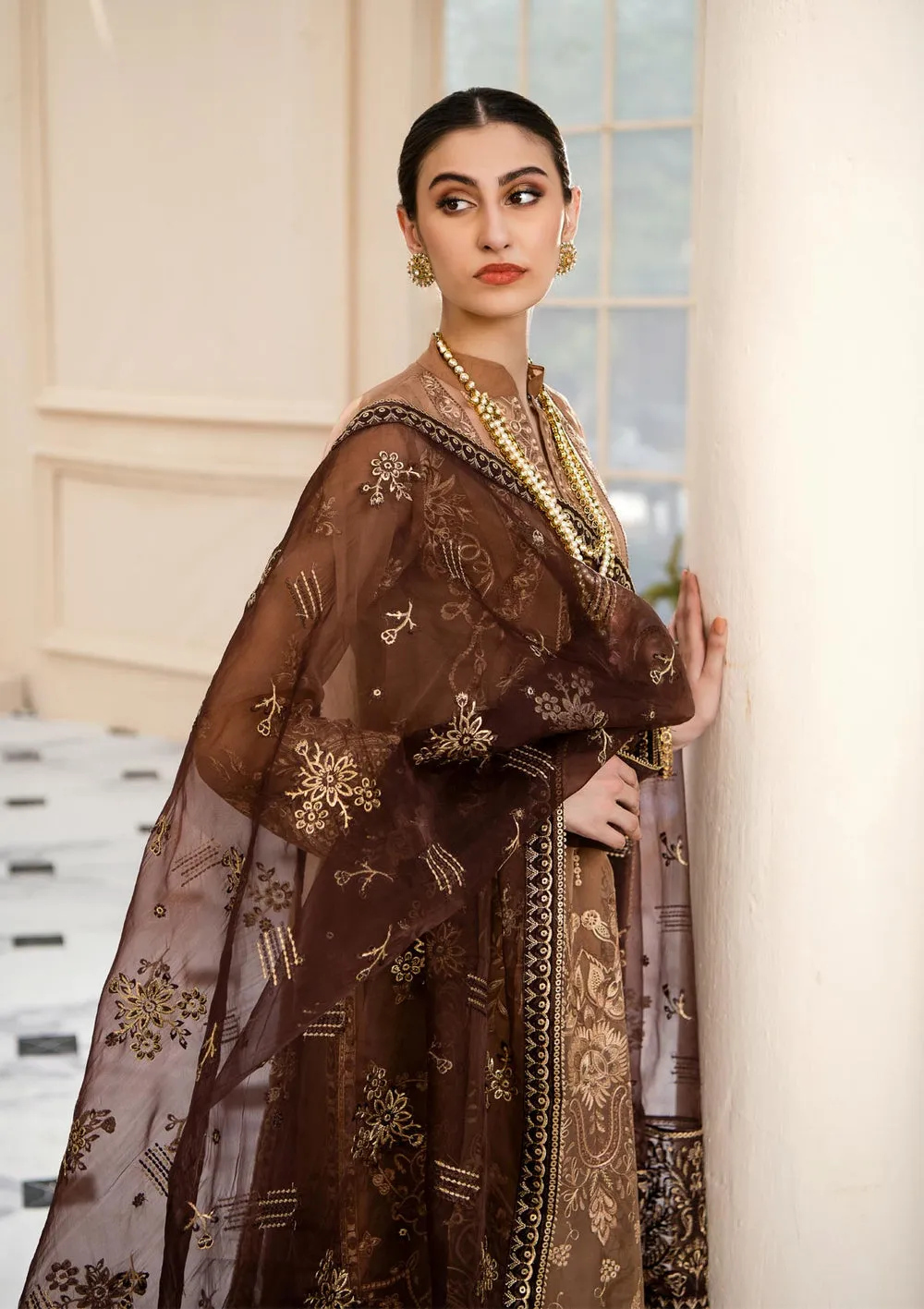 Golden Brown Embroidered Pakistani Capri Style Salwar Kameez Dupatta
