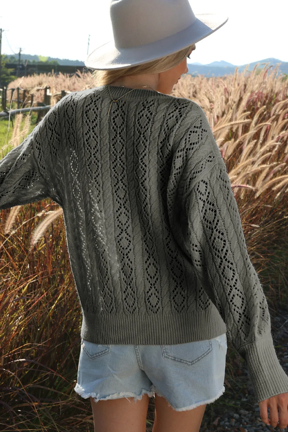 Gray Exquisite Knitted Puff Sleeve Sweater