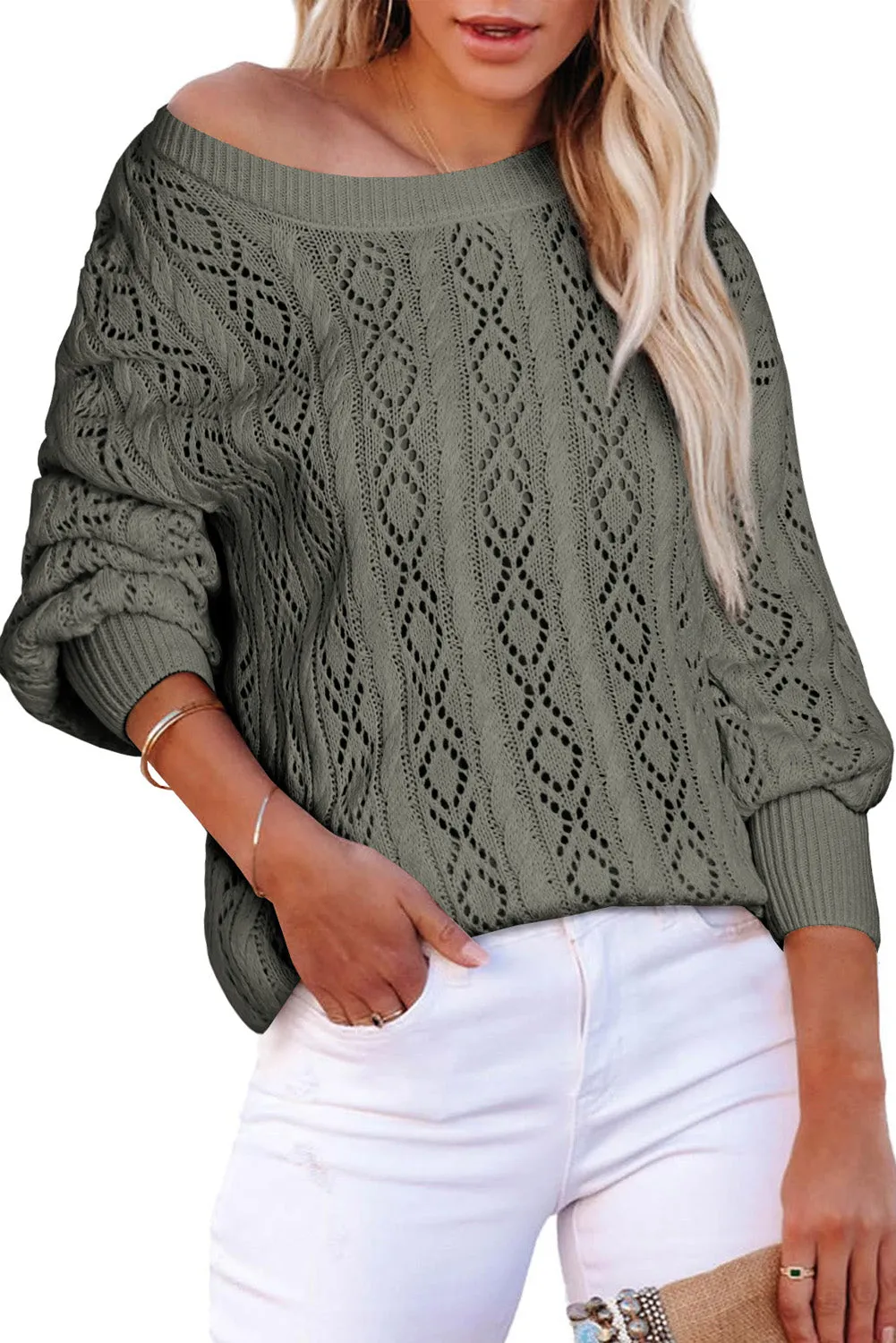 Gray Exquisite Knitted Puff Sleeve Sweater