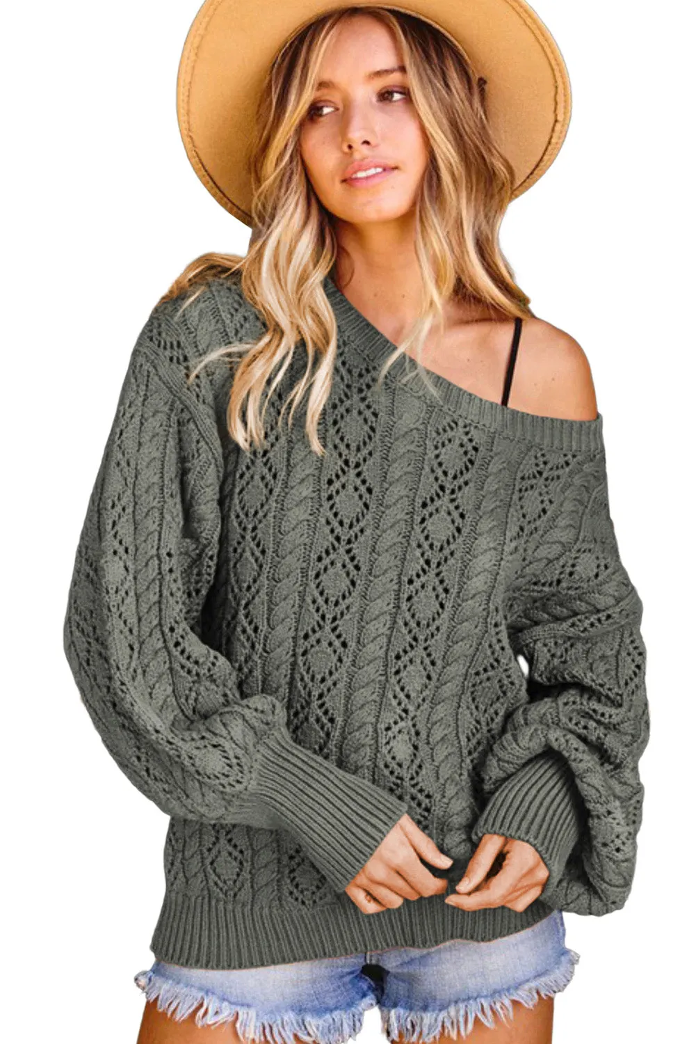 Gray Exquisite Knitted Puff Sleeve Sweater