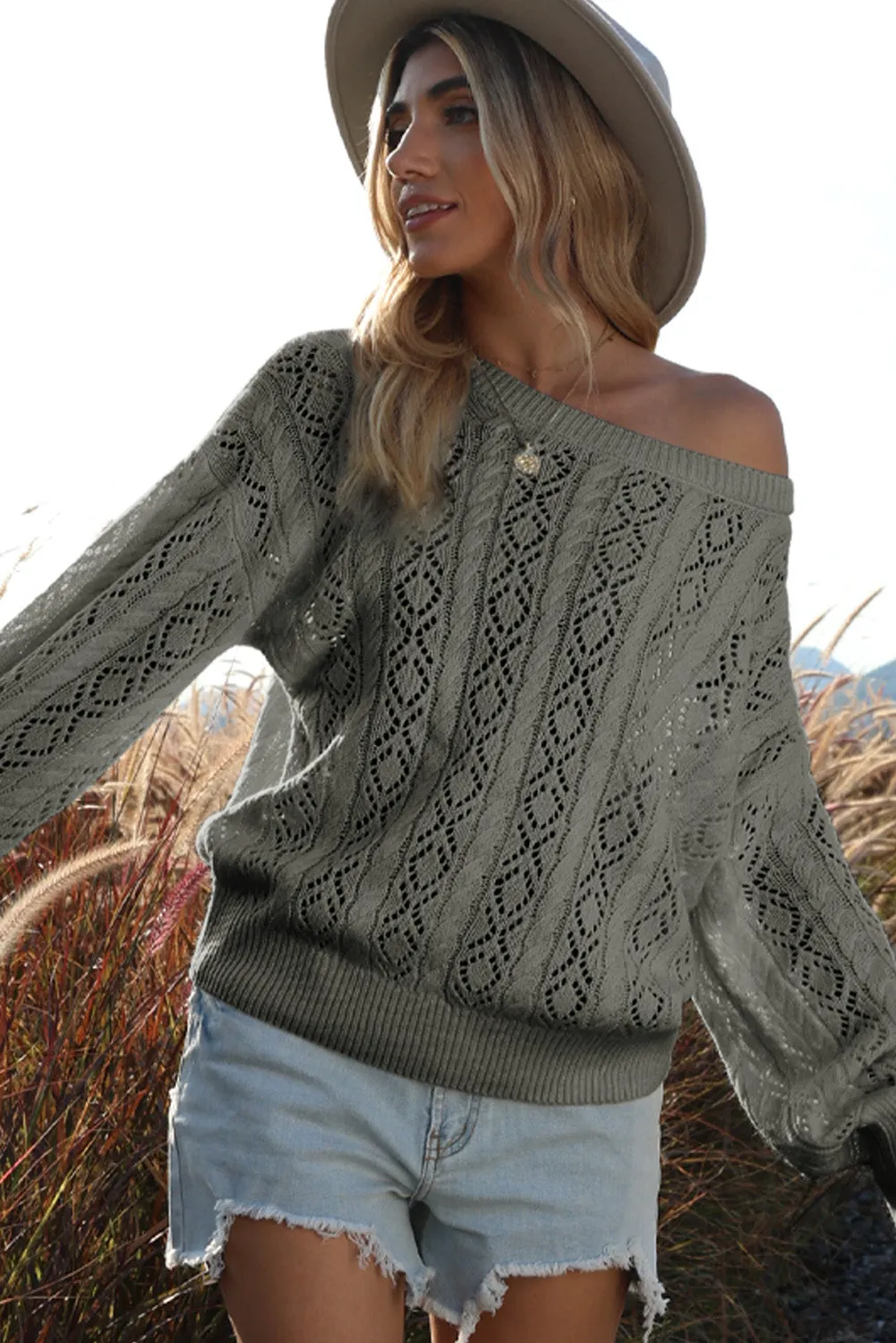Gray Exquisite Knitted Puff Sleeve Sweater