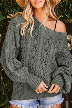 Gray Exquisite Knitted Puff Sleeve Sweater