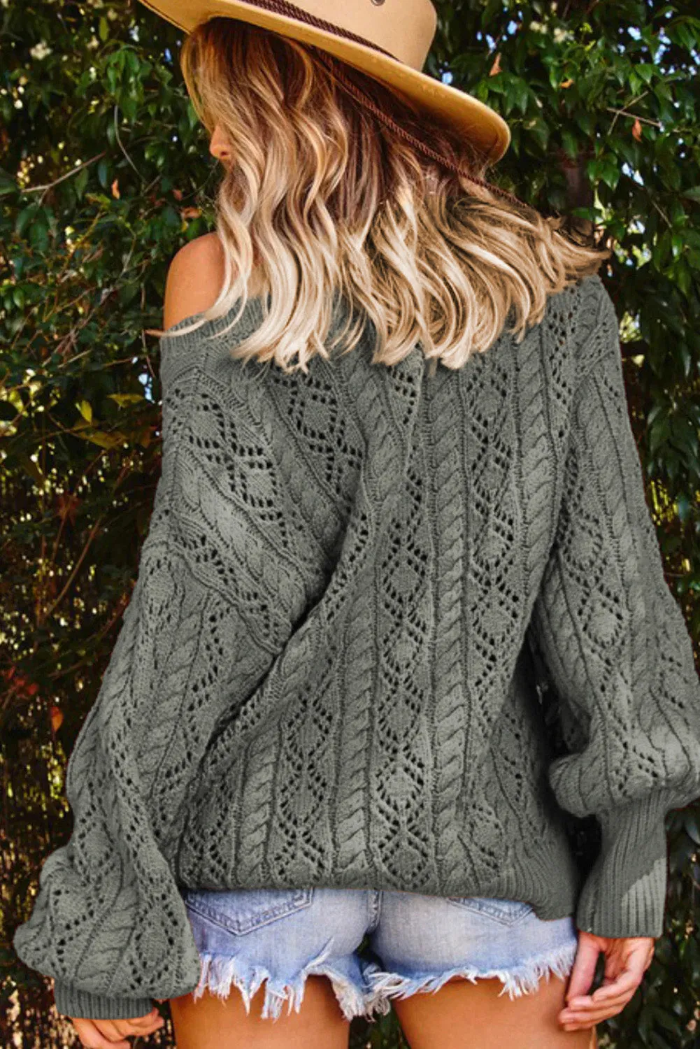 Gray Exquisite Knitted Puff Sleeve Sweater