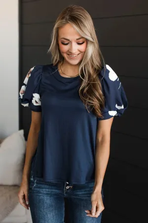 Great News Puff Sleeve Top- Dark Navy