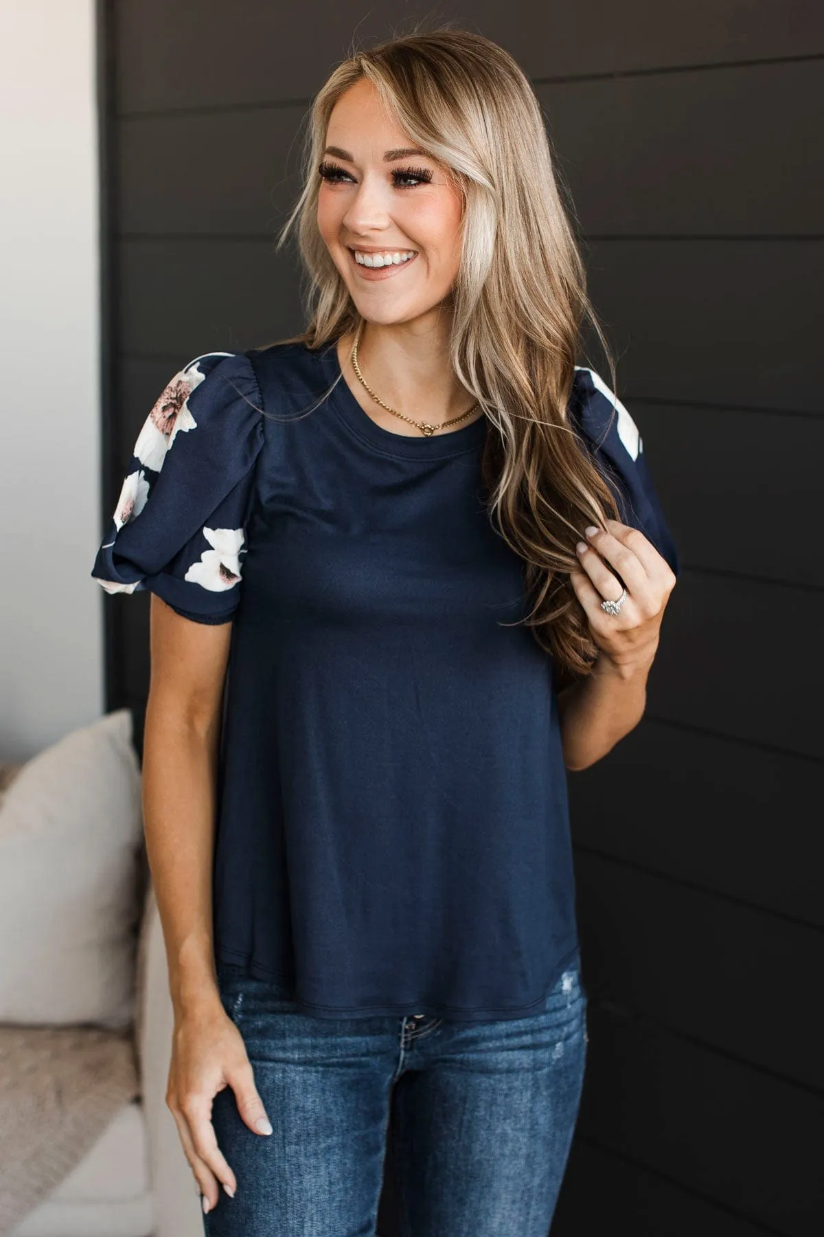 Great News Puff Sleeve Top- Dark Navy