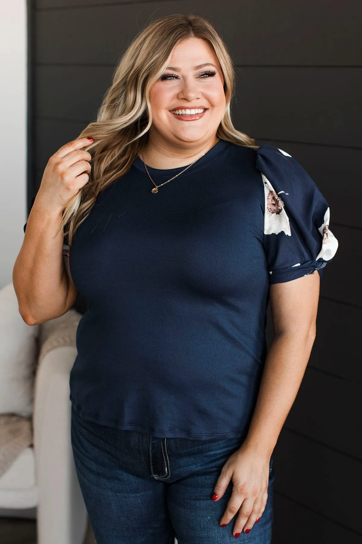 Great News Puff Sleeve Top- Dark Navy