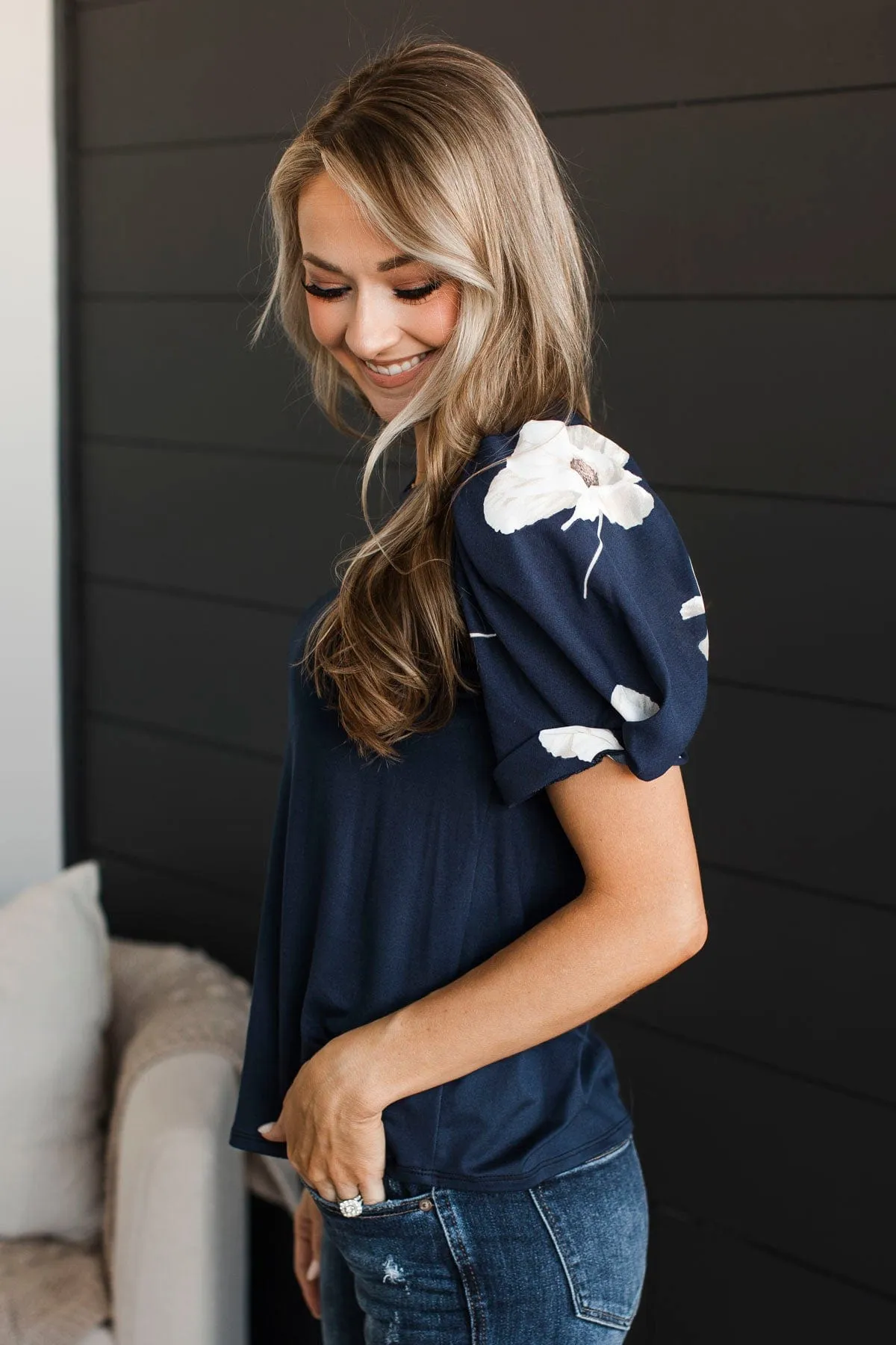 Great News Puff Sleeve Top- Dark Navy