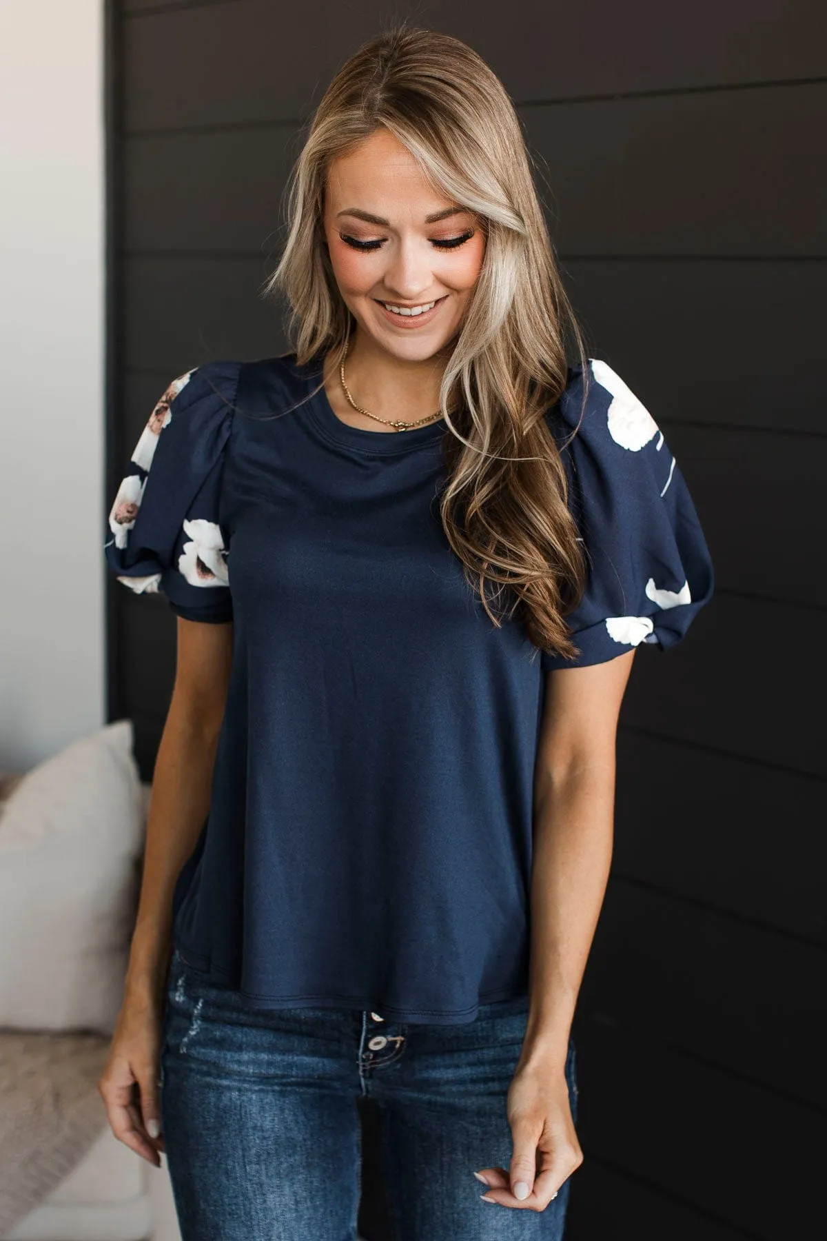 Great News Puff Sleeve Top- Dark Navy